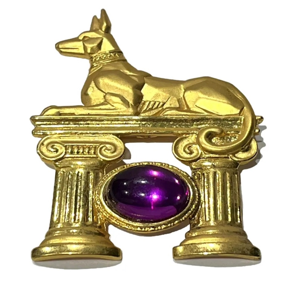 Vintage Egyptian Anubis w/ amethyst cabochon  signed JJ Brushed Gold Brooch Dog